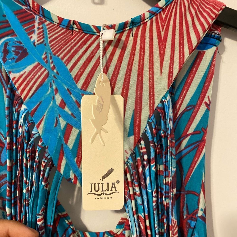 Julia Tropical Hibiscus Maxi Dress Womens Small Turquoise Red Fringe Cutout Back - Picture 3 of 6